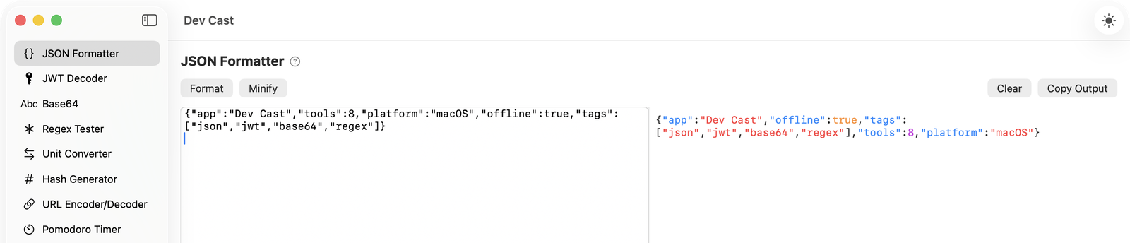 Dev Cast's JSON Formatter tool showing pretty-printed, syntax-highlighted JSON output